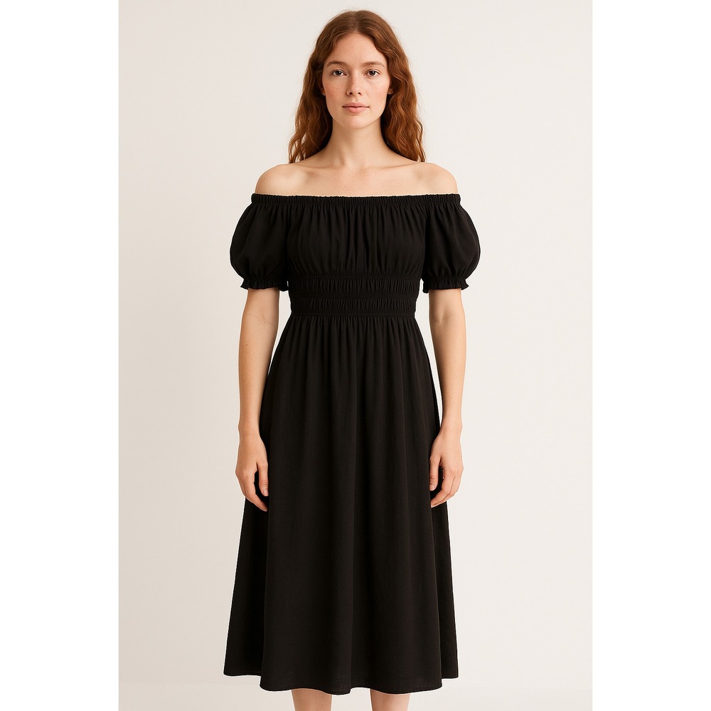 H&M Elegant Black Off-Shoulder Smocked Midi Dress M Romantic‎ Peasant Whimsigoth